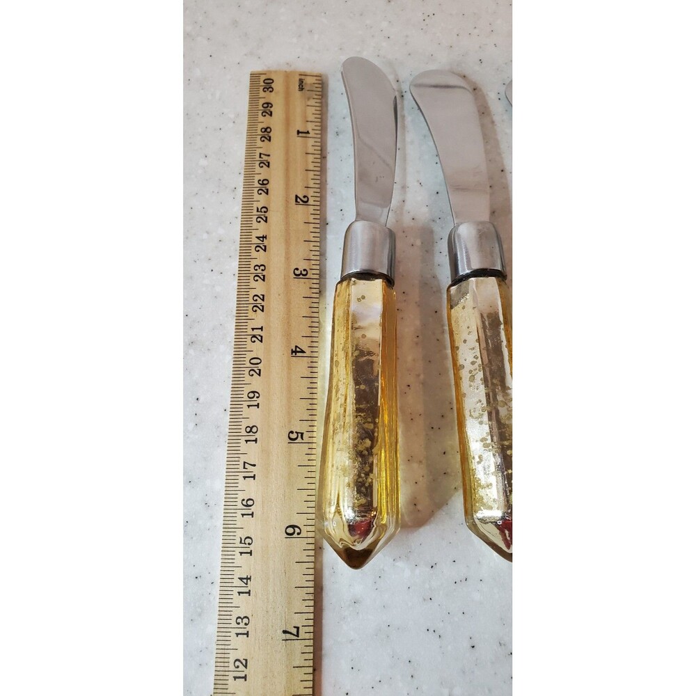 Set of 3 Gold Mercury Glass Spreader Knives Silver Tone Hex Handle 6" - Picture 4 of 4